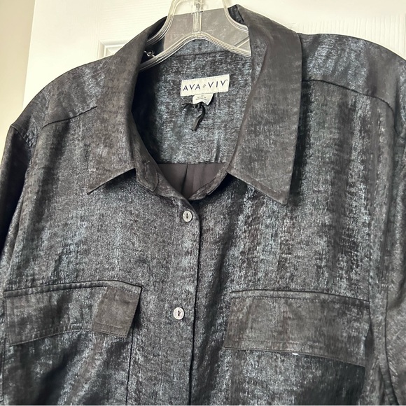 ❤️MAKE OFFER❤️ Shiny Black Long Sleeve Shirt Dress Maxi Tunic Plus Ava Viv 1X - Picture 9 of 9